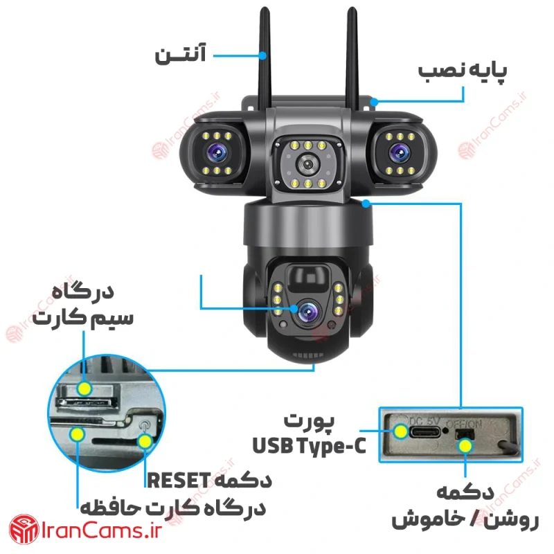 دوربین خورشیدی سیمکارتی 3 لنز 12 مگاپیکسل V380 مدل VTS28-G 11 خرید دوربین سولار 3 لنز