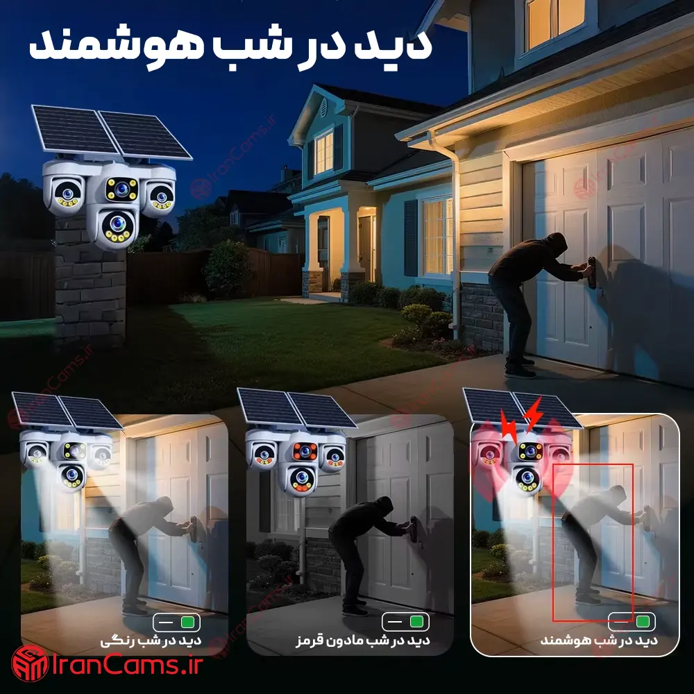 دوربین خورشیدی سیم کارتی 4 لنز 16 مگاپیکسل O-KAM PRO مدل S45 24 دوربین آژیر دار بوقی چهار لنز سیمکارتی