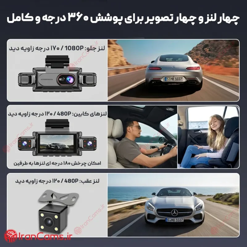 دوربین ثبت وقایع خودرو 360 درجه وای فای 4 لنز مانیتوردار مدل 4K-FI 9 قیمت دوربین ثبت وقایع وای فای دار