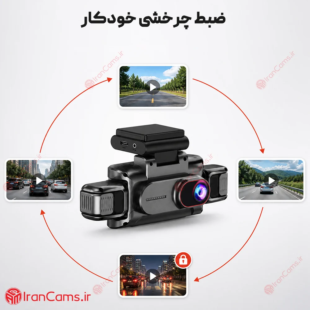 دوربین ثبت وقایع خودرو 360 درجه وای فای 4 لنز مانیتوردار مدل 4K-FI 28 خرید دوربین ثبت وقایع وای فای دار